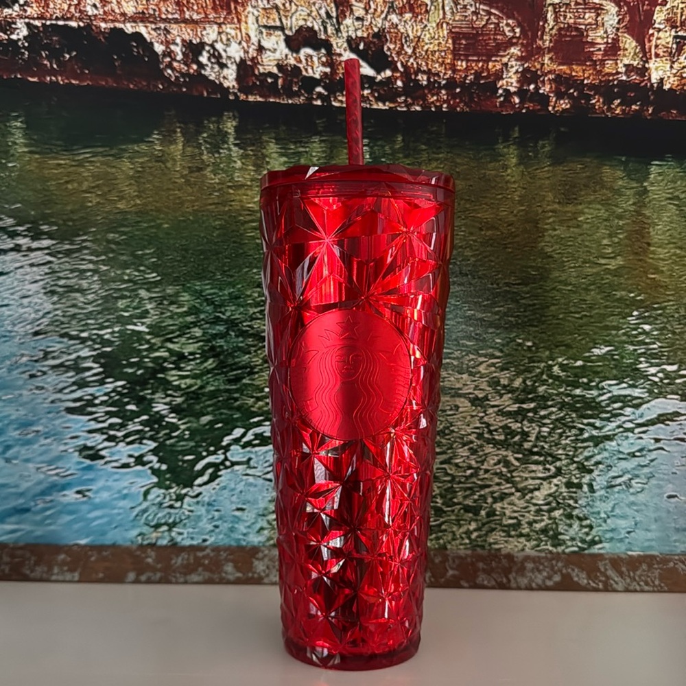 Starbucks Holiday 2023 Poinsettia Red Prism Plastic Cold Cup 24oz
